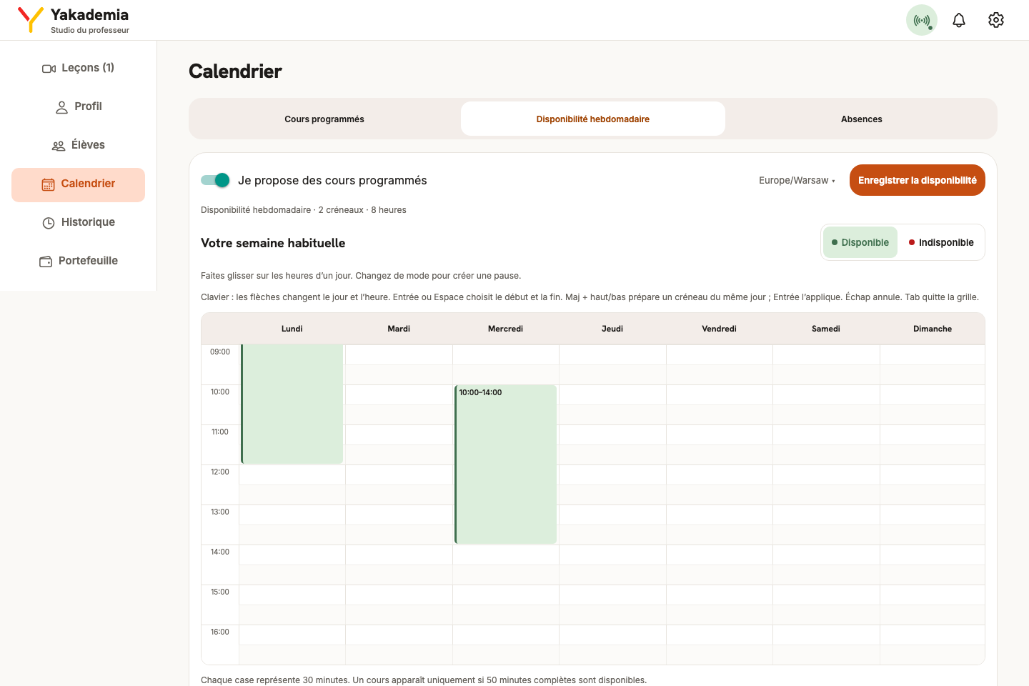 Votre calendrier hebdomadaire